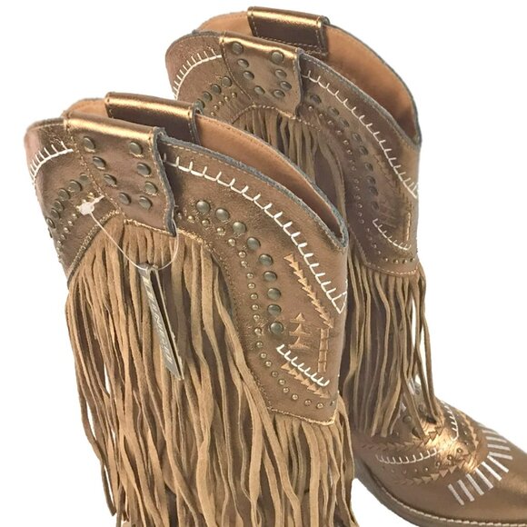 Dingo Gypsy Studded Fringe Metallic Snip Toe Cowboy Boots Brown - Picture 5 of 12